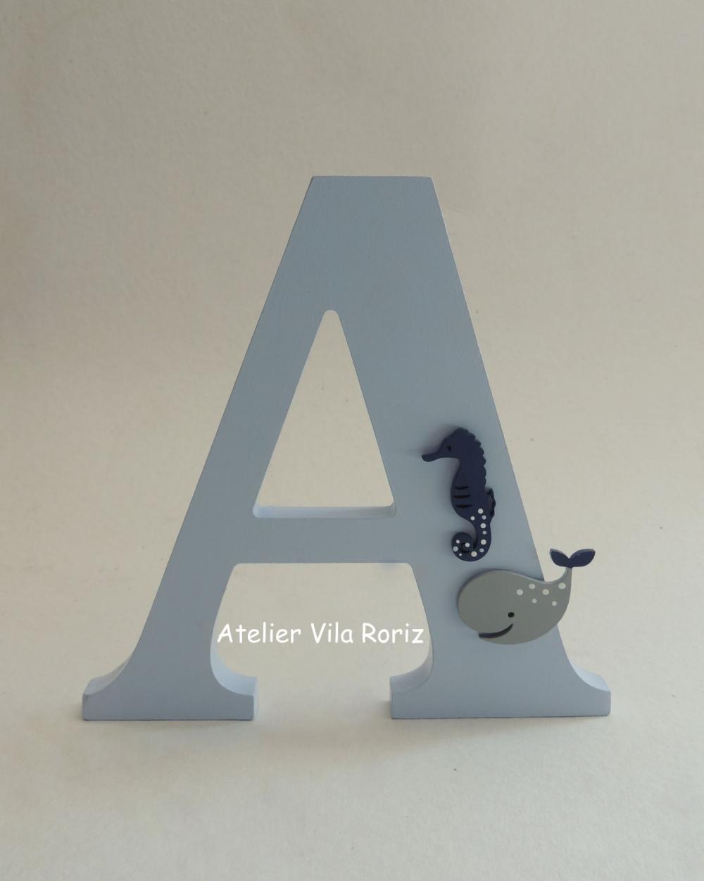 Letra inicial Madeira 15 cm Animais Marinhos Azul