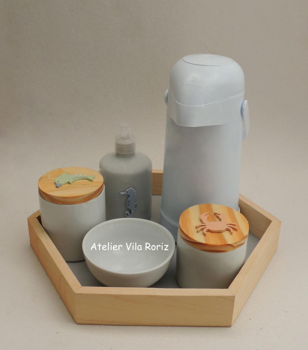 Kit Higiene Bandeja Sextavada G Pinus Fundo do Mar 5 peças