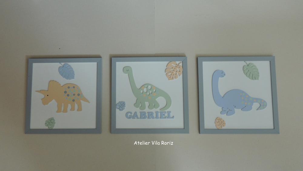 Trio Quadros Dinossauros Moldura 30x30 cm Dinossauros