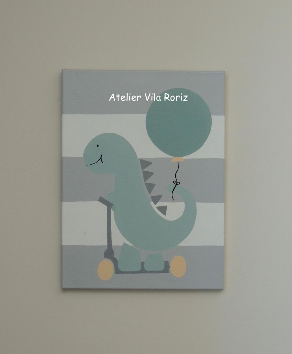 Quadro Tela 30 x 40 cm Dinossauro Patinete