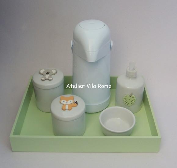 Kit Higiene Bandeja G Lisa Verde Animais da Floresta 5 Peças