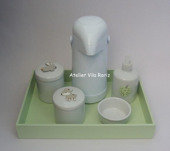 Kit Higiene Bandeja G Lisa Verde Animais da Floresta 5 Peças