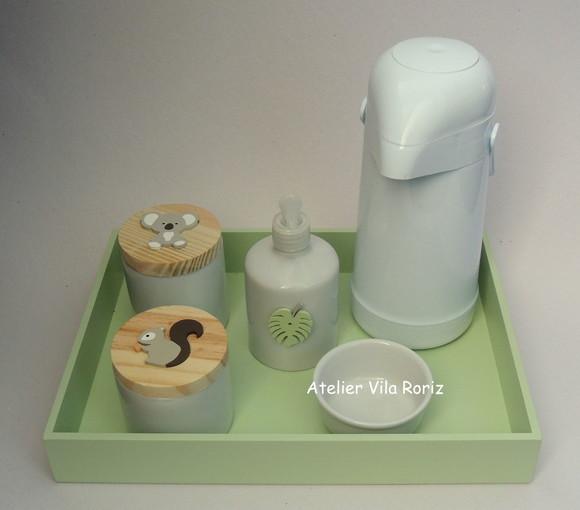 Kit Higiene Bandeja G Lisa Verde Animais da Floresta 5 Peças A