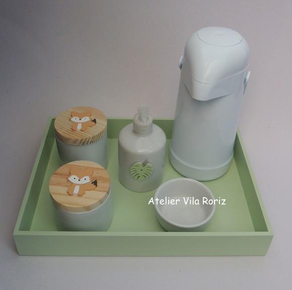 Kit Higiene Bandeja G Lisa Verde Animais da Floresta 5 Peças A