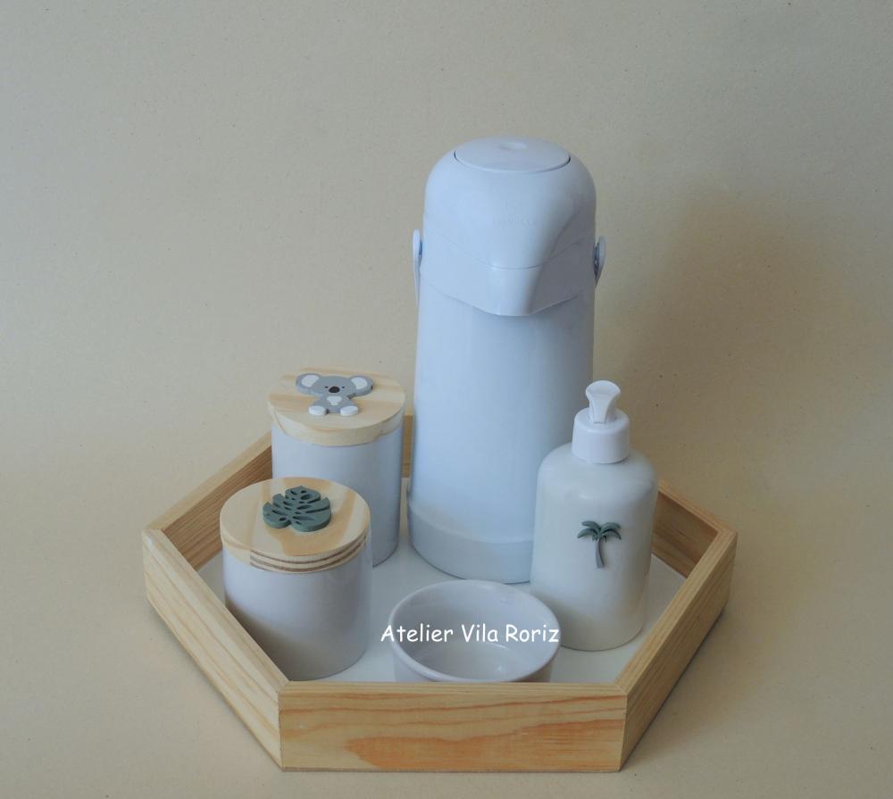 Kit Higiene Bandeja Sextavada Pinus Animais Floresta 5 peças