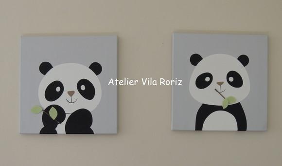 Kit 02 Quadros 30 x 30 cm Pintados à Mão Sob Tela Pandas