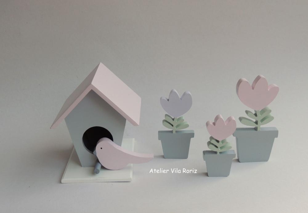 Kit Adornos: Trio Vasinhos Tulipas e Casinha de Passarinho!
