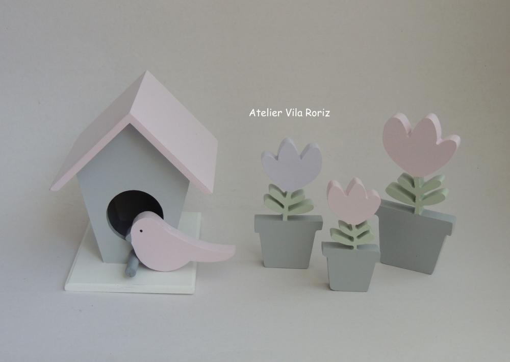 Kit Adornos: Trio Vasinhos Tulipas e Casinha de Passarinho!