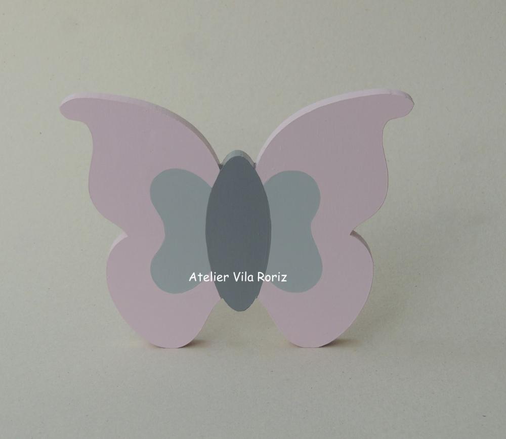 Adorno Madeira Borboleta M Rosa e Cinza