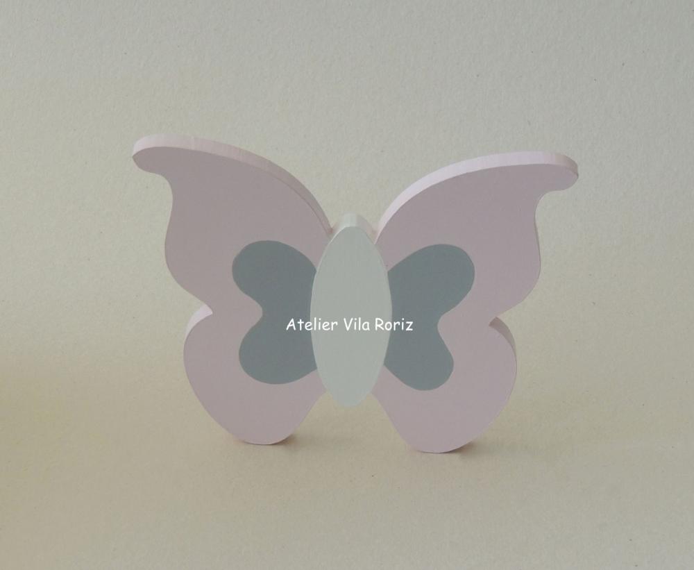 Adorno Madeira Borboleta M Rosa e Cinza