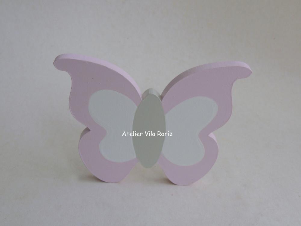 Adorno Madeira Borboleta M Rosa e Bege
