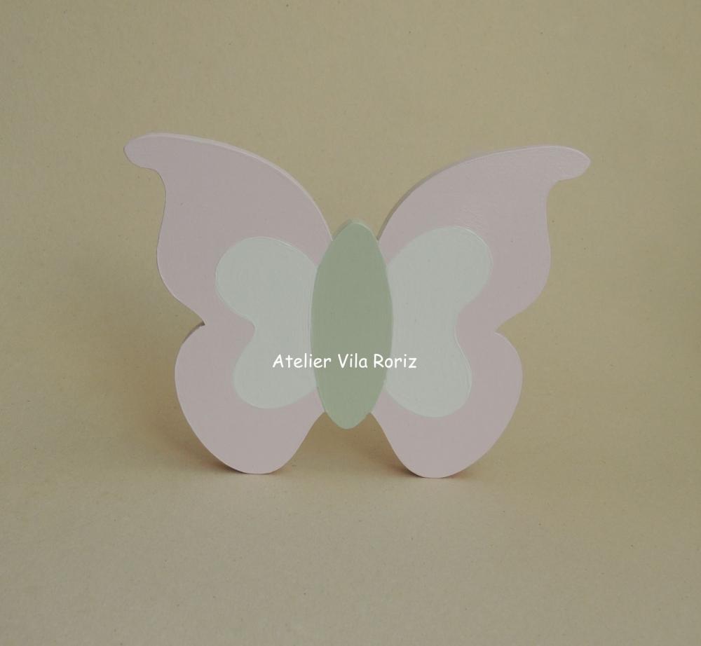 Adorno Madeira Borboleta M Rosa e Bege