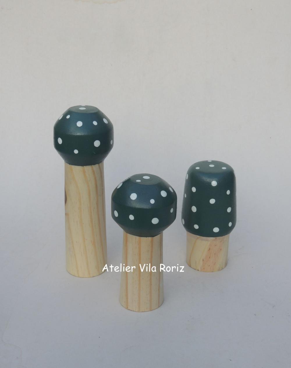 Adorno Madeira Trio Cogumelos Pinus E