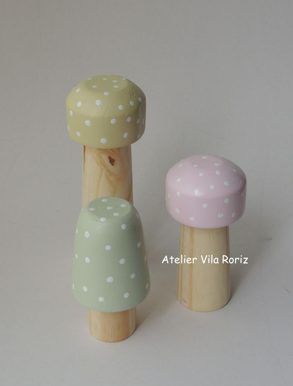 Adorno Madeira Trio Cogumelos Pinus F