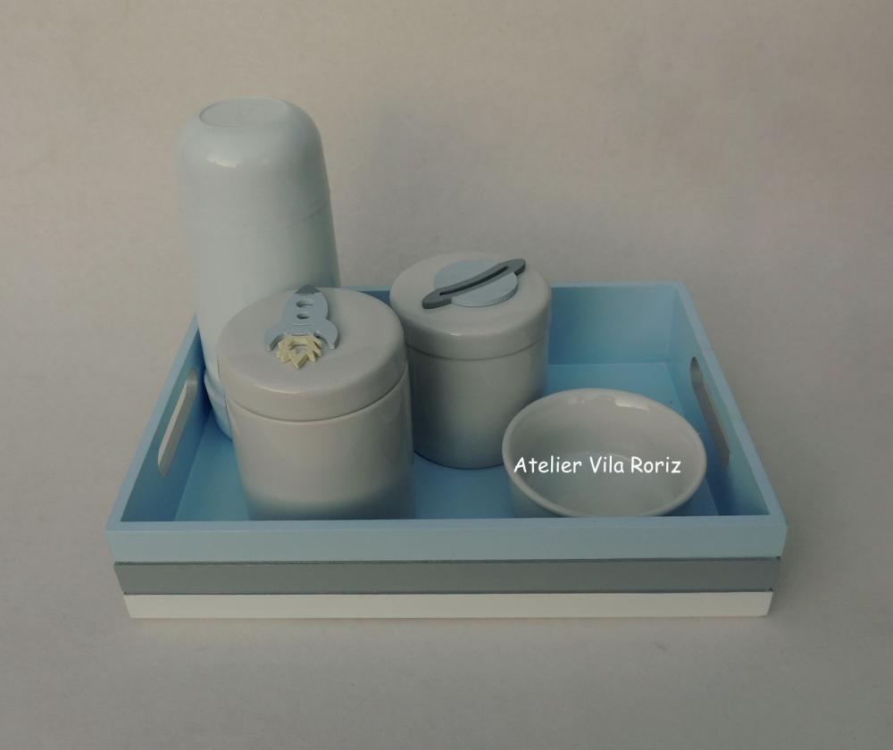 Kit Higiene Bandeja P Azul, Cinza e Branca Espaço