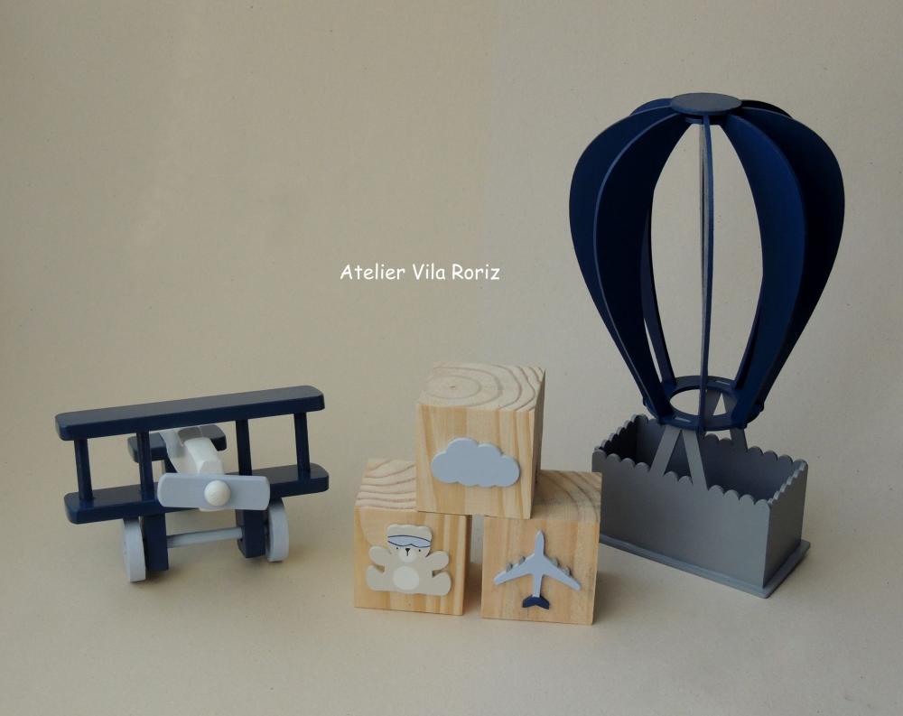 Kit Adornos: Balão e Avião 3d e Trio Cubos A