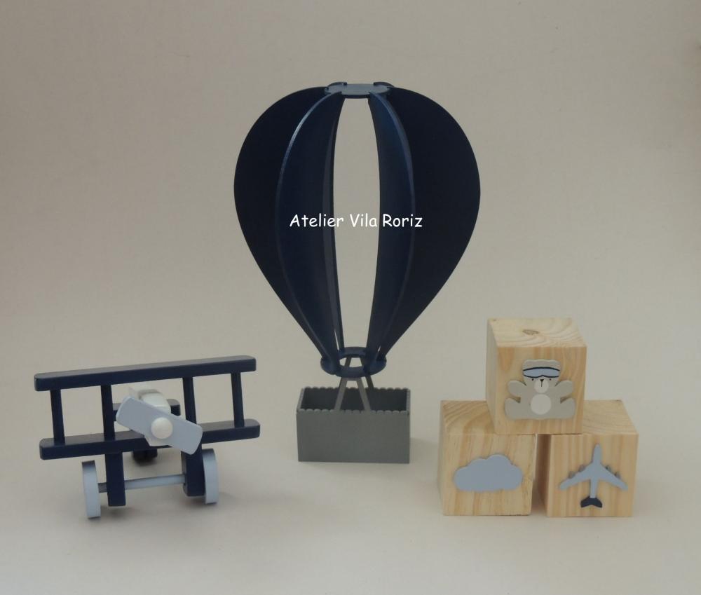 Kit Adornos: Balão e Avião 3d e Trio Cubos A