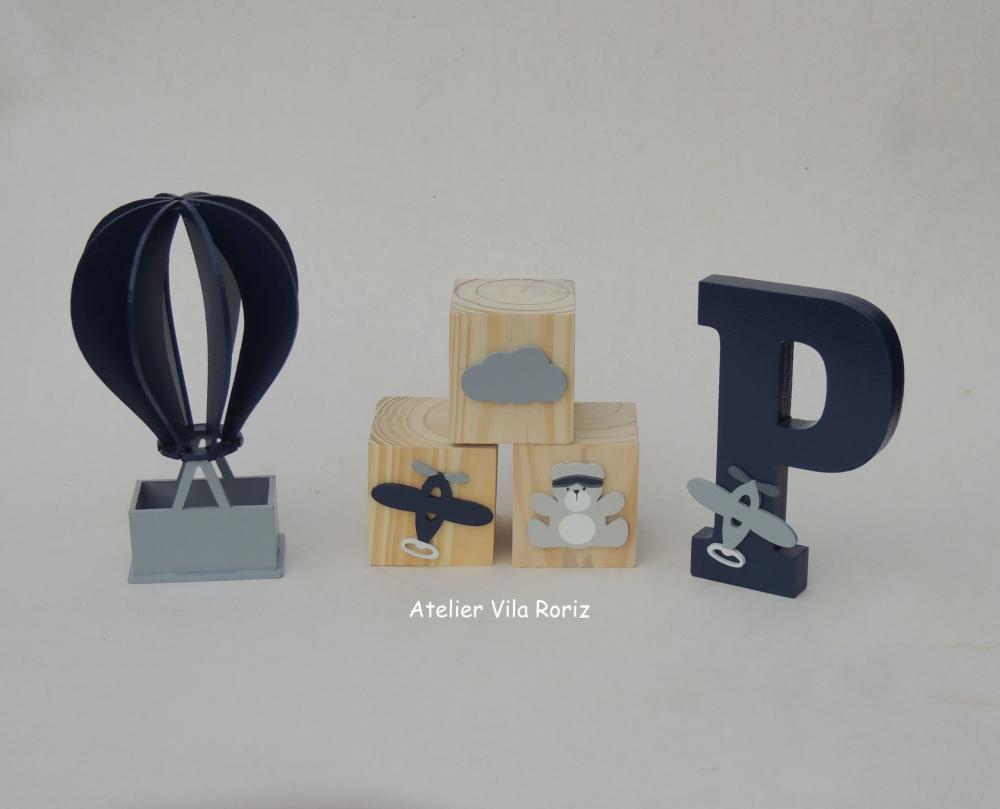 Kit Adornos: Balão 3d, Avião 3d e Trio Cubos