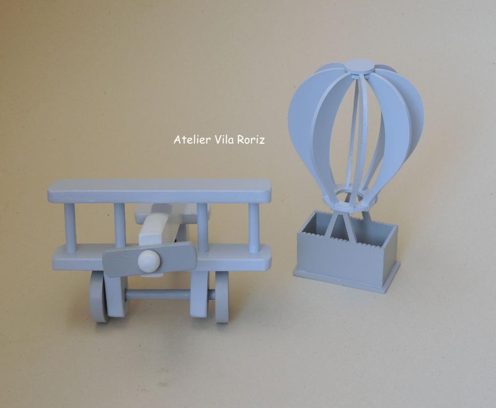 Kit Adornos: Avião 3d e Balão 3d azul e Cinza