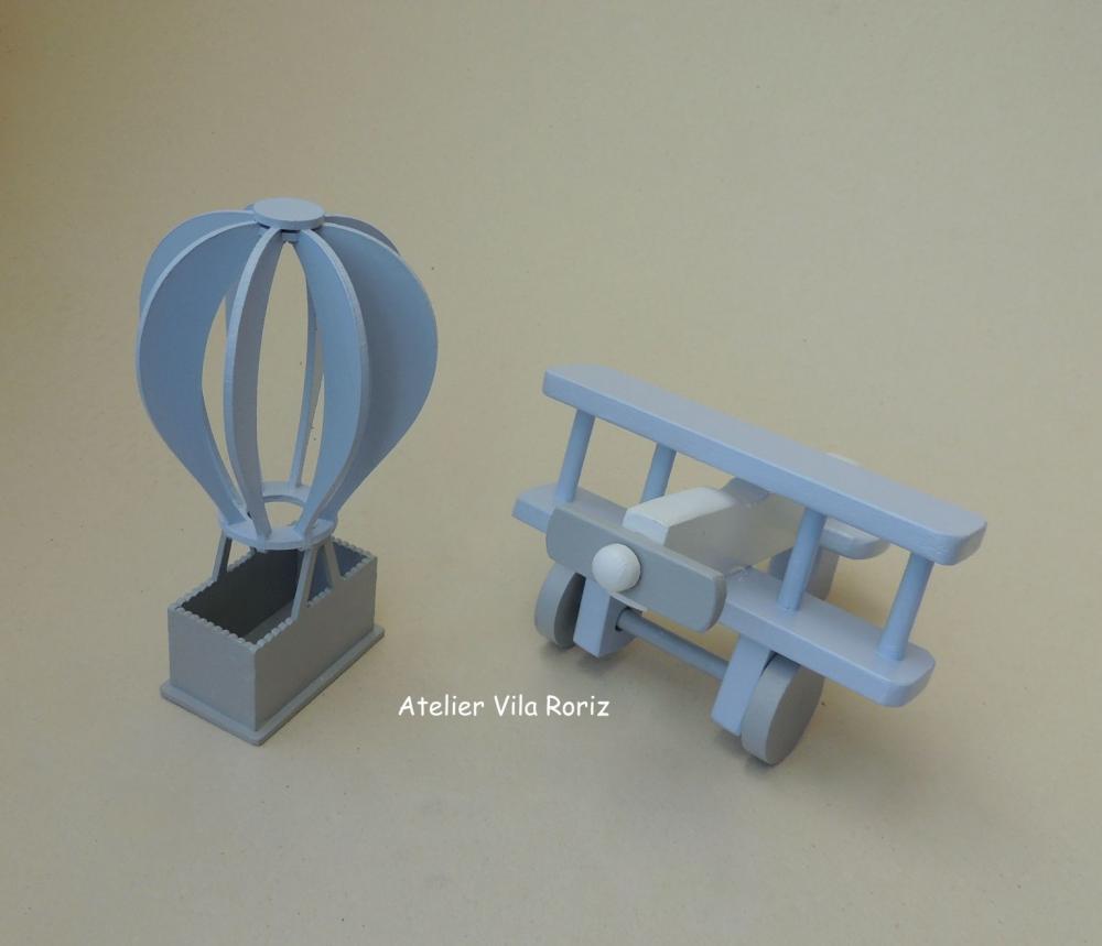 Kit Adornos: Avião 3d e Balão 3d azul e Cinza