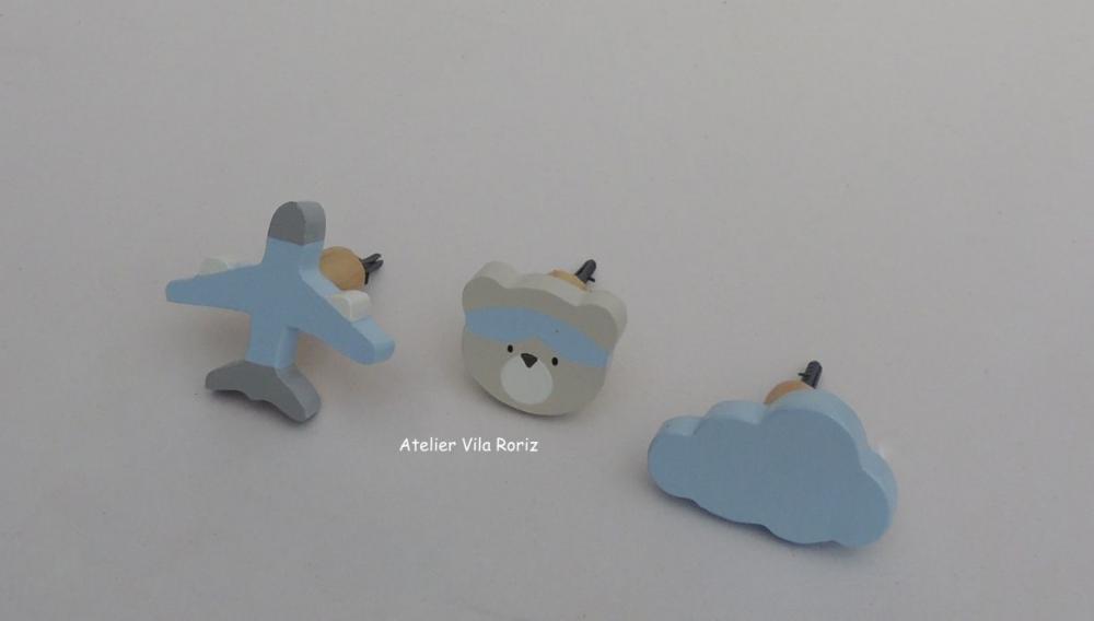 kit 3 Ganchos Cabideiros Urso Aviador Azul