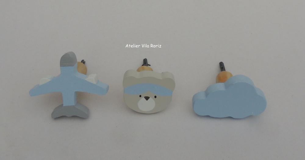 kit 3 Ganchos Cabideiros Urso Aviador Azul