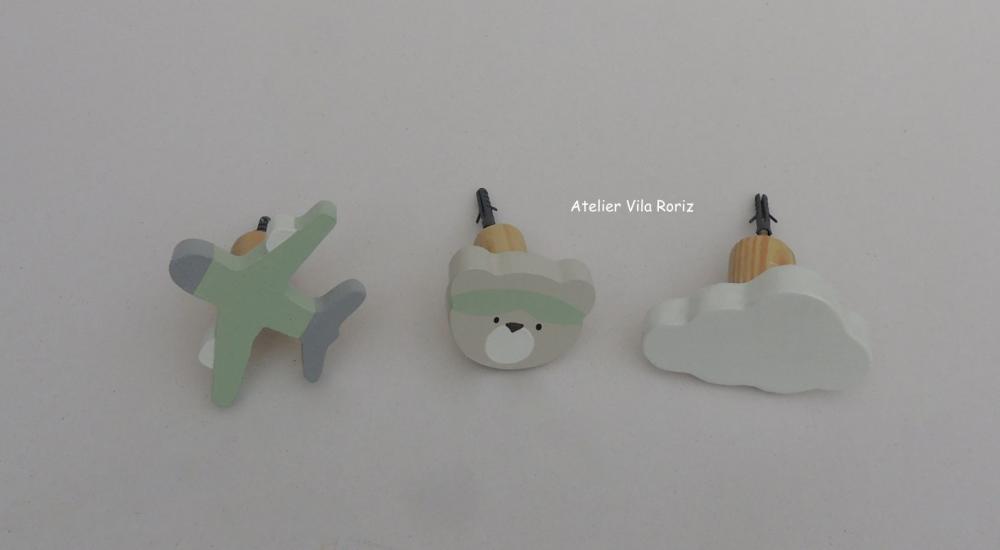 kit 3 Ganchos Cabideiros Urso Aviador Verde