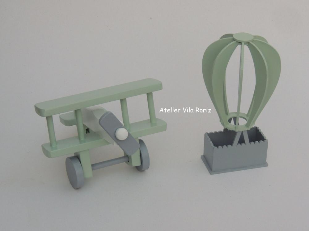 Kit Adornos: Avião 3d e Balão Verde, Cinza e Branco