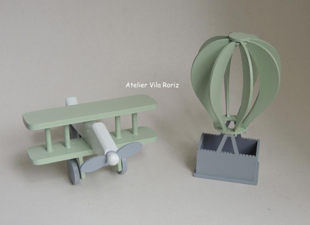 Kit Adornos: Avião 3d e Balão Verde, Cinza e Branco