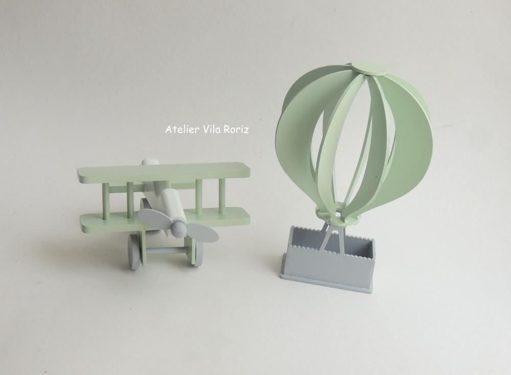 Kit Adornos: Avião 3d e Balão Verde, Cinza e Branco