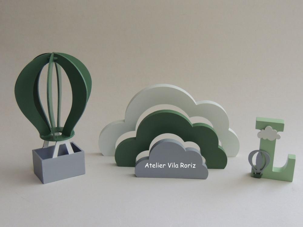 Kit Adornos: Balão 3d, Letra Inicial e Arco-íris Nuvem Verde