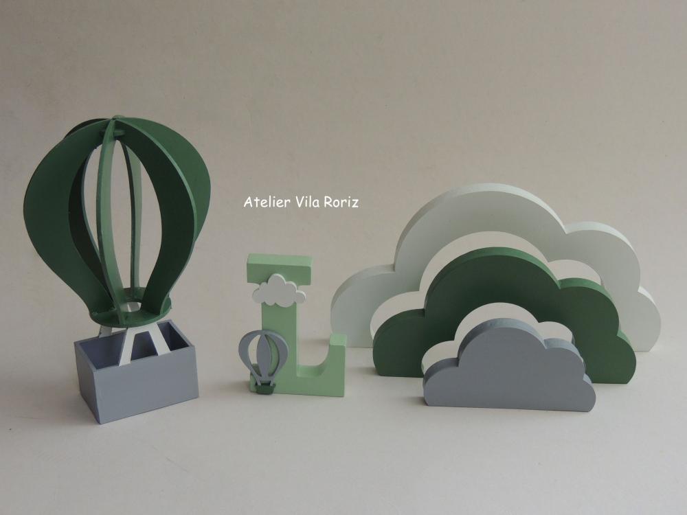 Kit Adornos: Balão 3d, Letra Inicial e Arco-íris Nuvem Verde