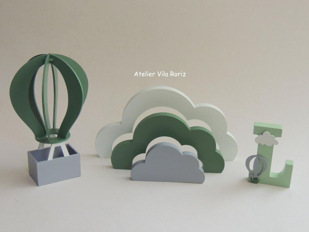 Kit Adornos: Balão 3d, Letra Inicial e Arco-íris Nuvem Verde