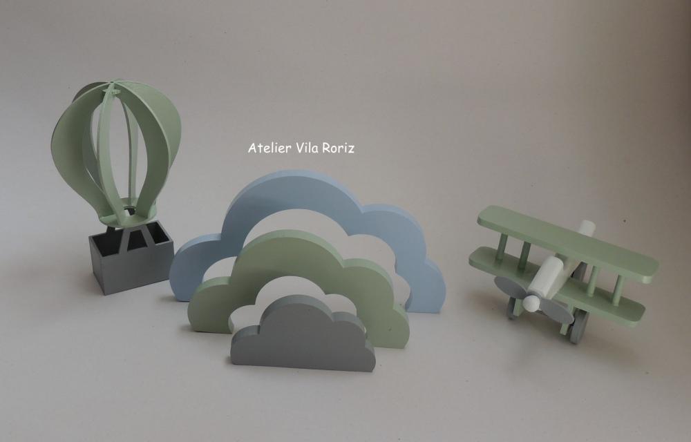 Kit Adornos: Balão, Nuvem Arcos e Avião 3d Verde