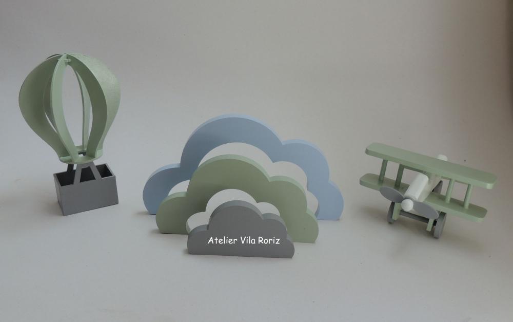 Kit Adornos: Balão, Nuvem Arcos e Avião 3d Verde