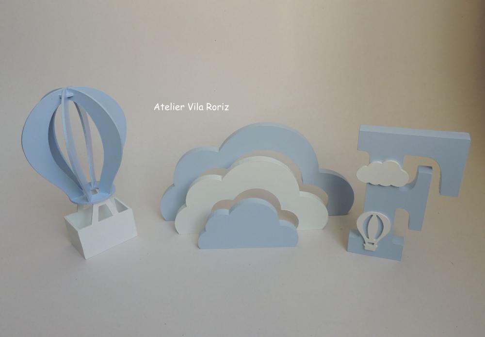Kit Adornos: Balão 3d, Nuvem Arcos e Letra !5 cm Azul e Branco