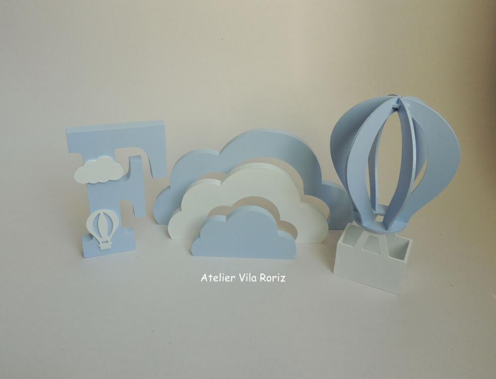 Kit Adornos: Balão 3d, Nuvem Arcos e Letra !5 cm Azul e Branco