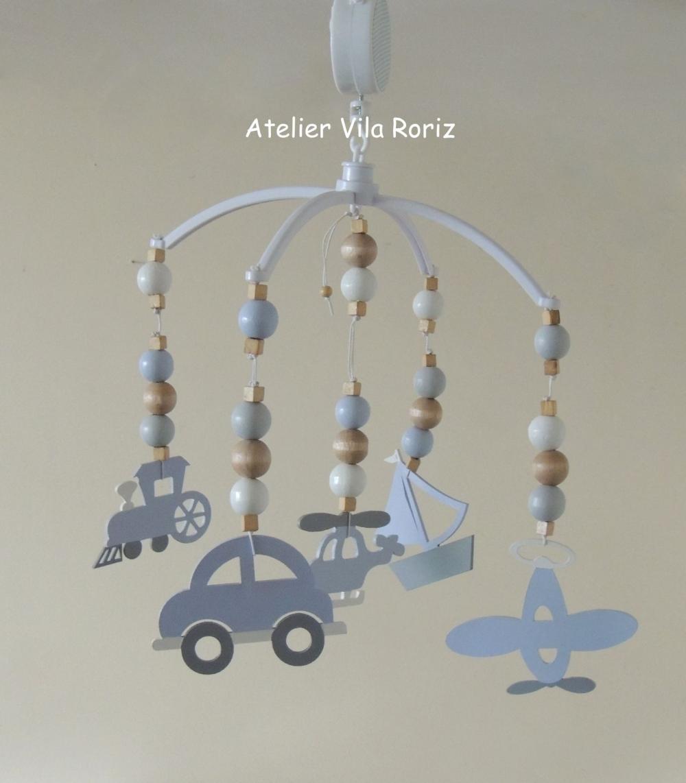 Móbile Giratório Musical Transportes Azul e Cinza