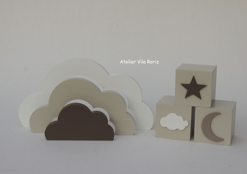 Kit Adornos: Nuvem Arcos e Trio de Cubos Bege, Marrom e Branco