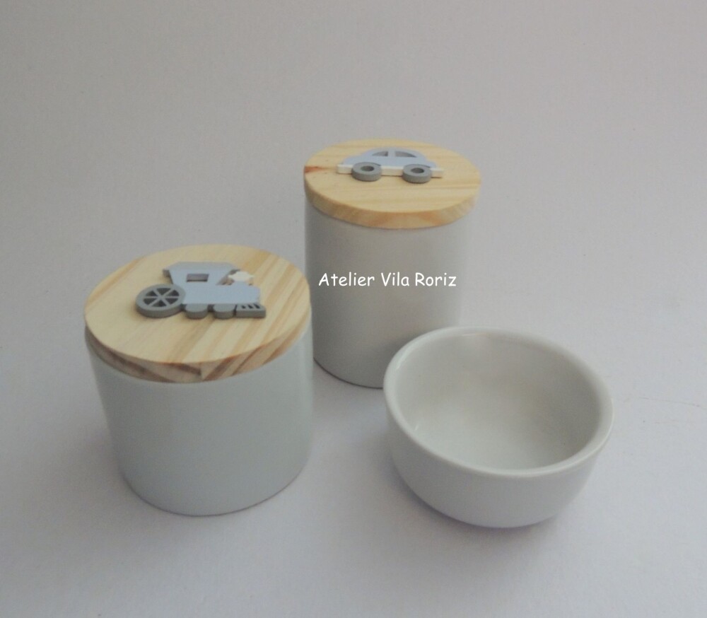 Kit Potes Porcelana Bebê Transportes 3 Peças