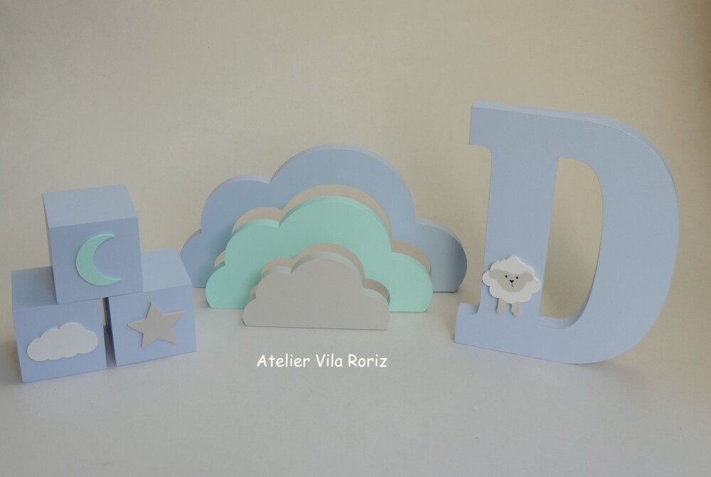 Kit Adornos: Letra 20 cm, Nuvem Arcos e Trio Cubos Ovelha