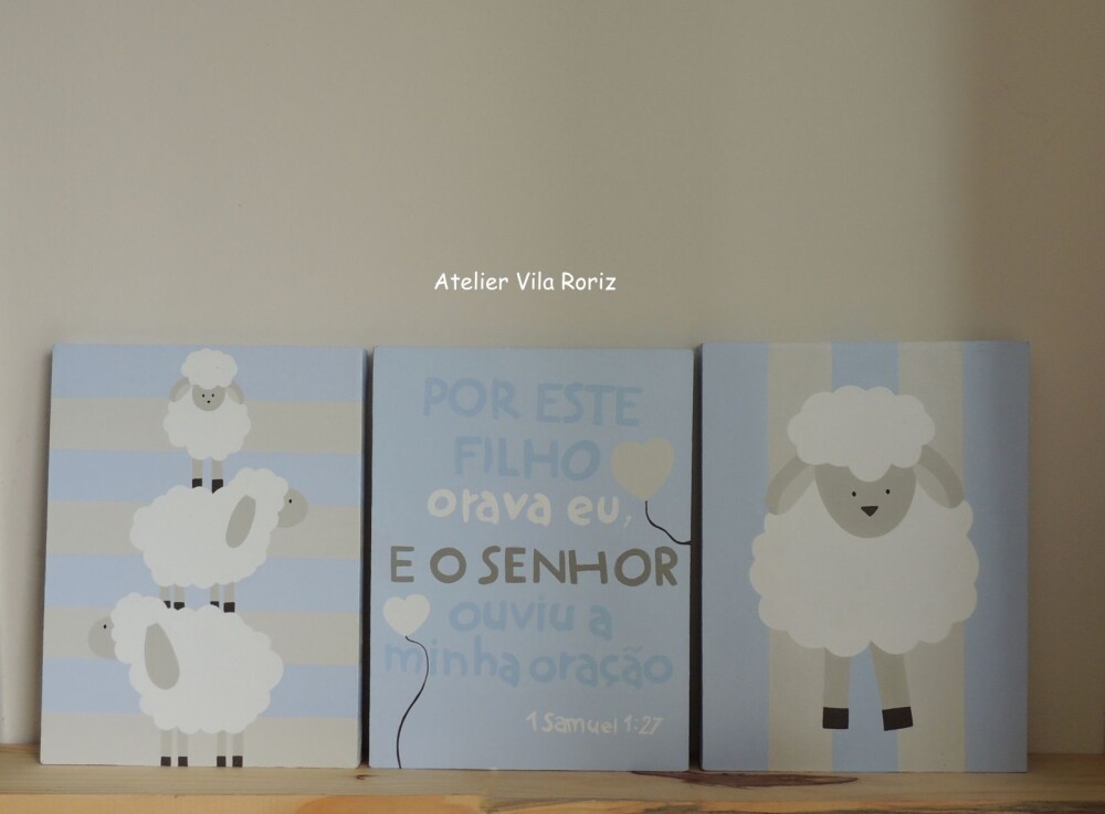 Kit Quadros Telas Pintadas à Mão Ovelhas e Versículo