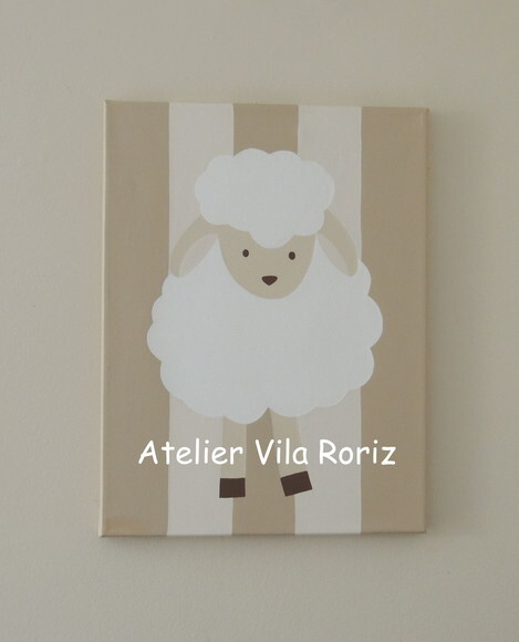Quadro Tela Pintada à Mão Ovelha em Pé Bege