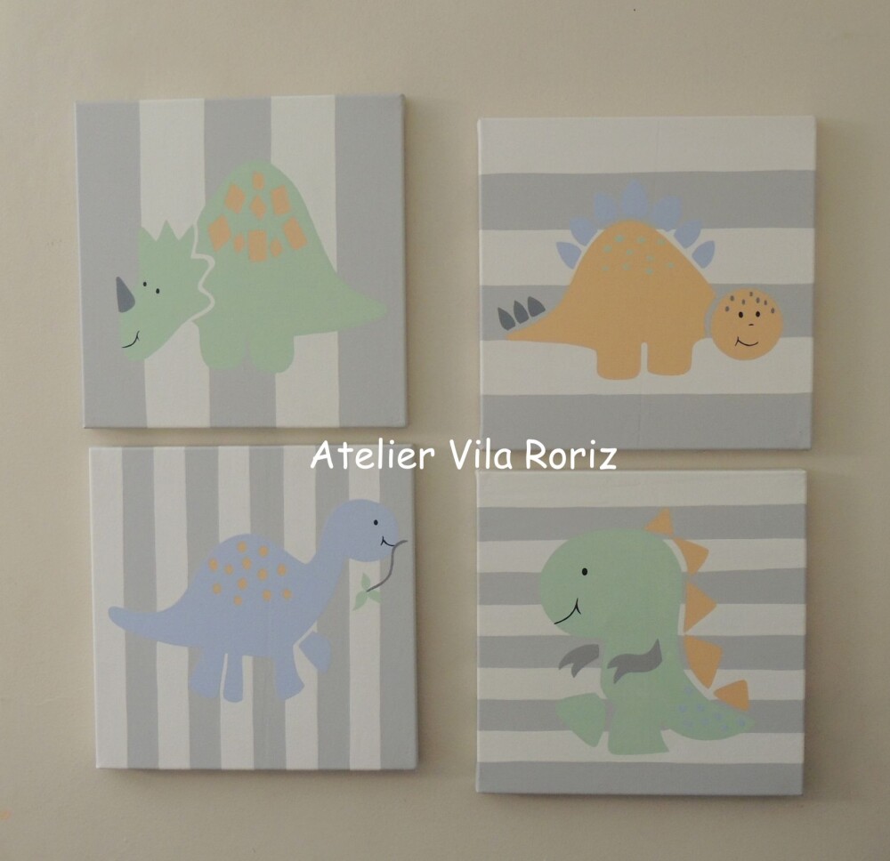 Kit 04 Quadros 30 x 30 cm Pintados à Mão Sob Tela Dinos