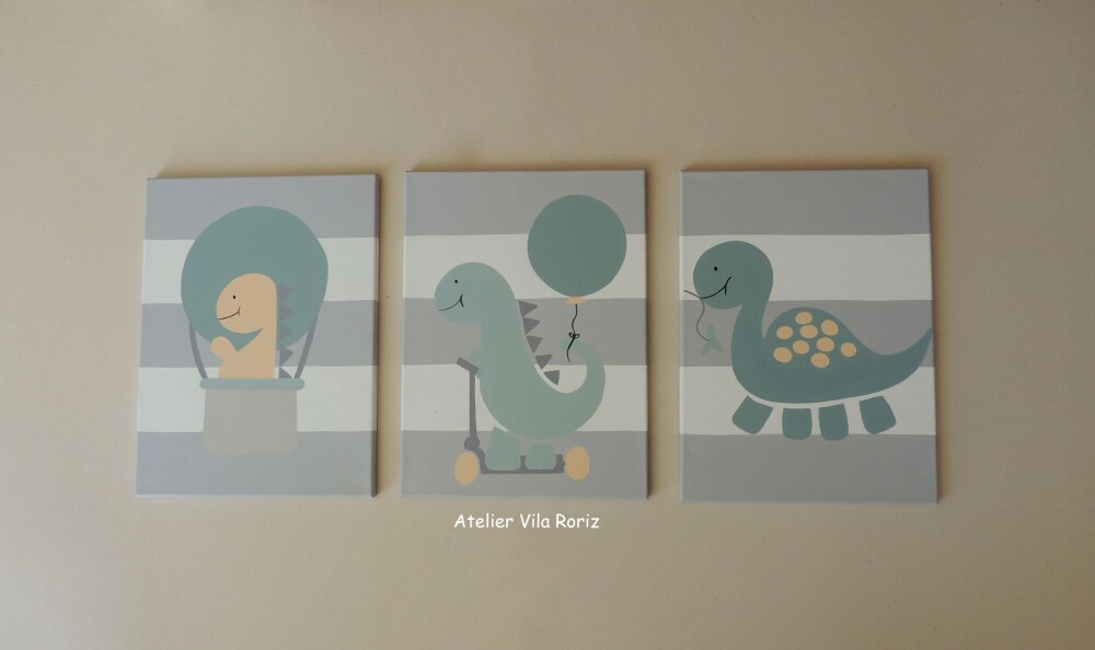 Kit 03 Quadros 30 x 40 cm Pintados à Mão Sob Tela Dinos
