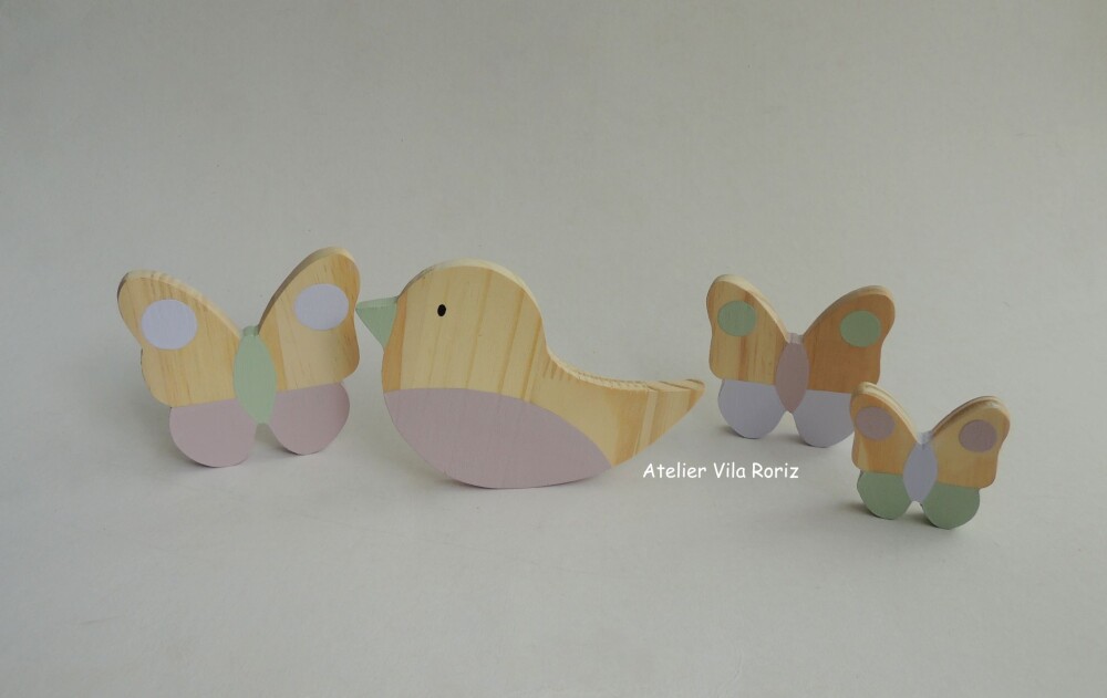 Adorno Trio Borboletas  e Passarinho Pinus