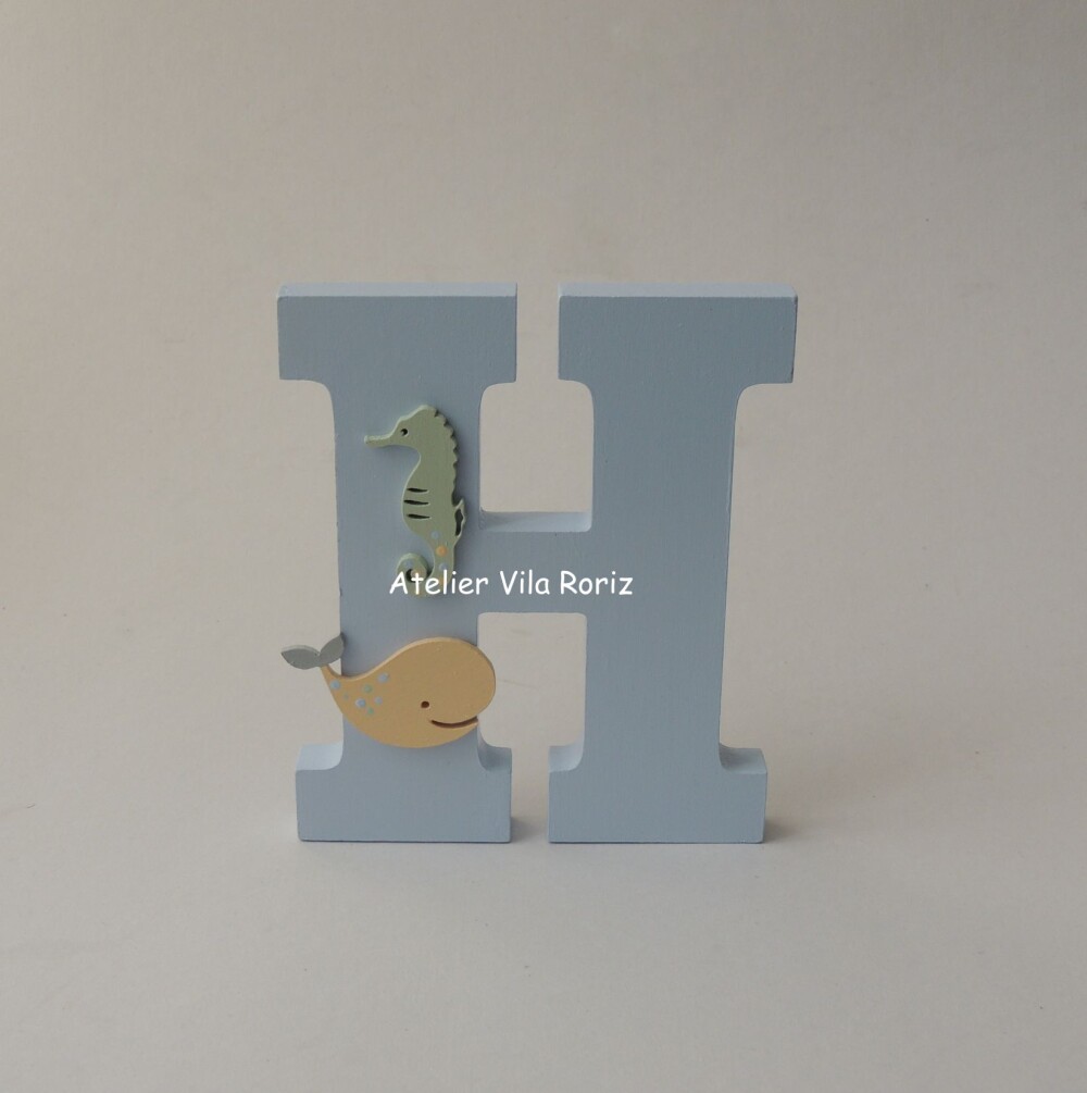Letra inicial Madeira 15 cm Animais Marinhos Azul