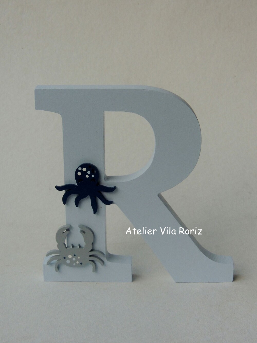 Letra inicial Madeira 15 cm Animais Marinhos Azul