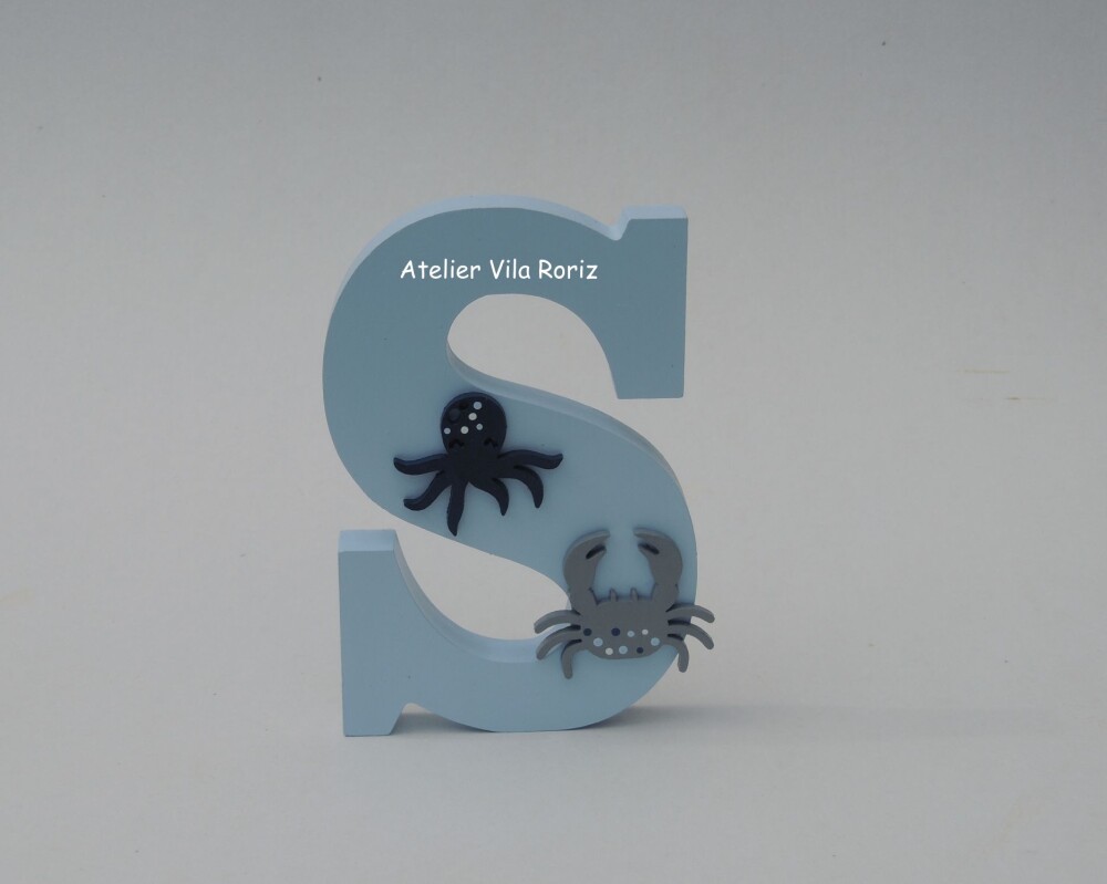 Letra inicial Madeira 15 cm Animais Marinhos Azul
