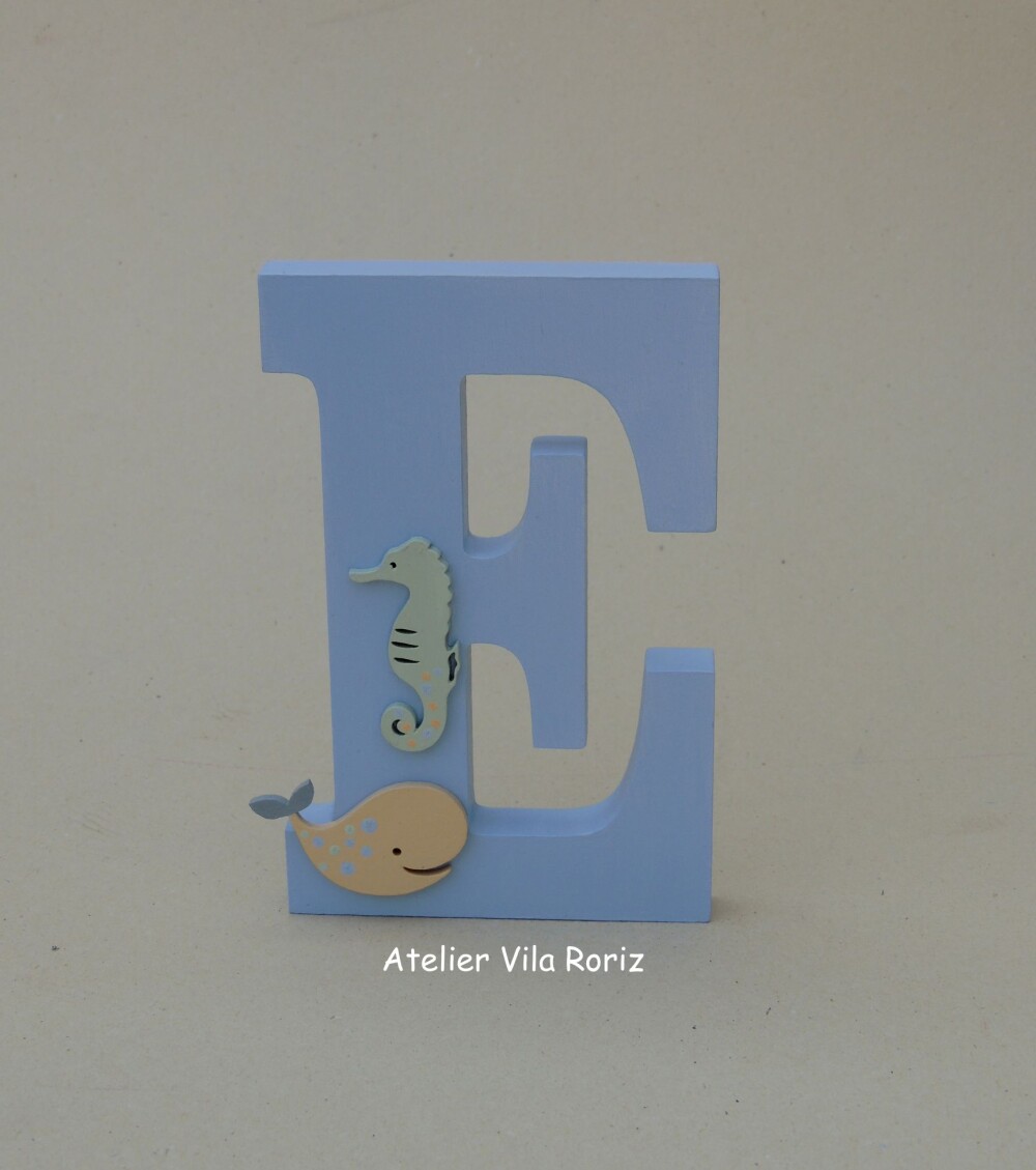 Letra inicial Madeira 15 cm Animais Marinhos Azul